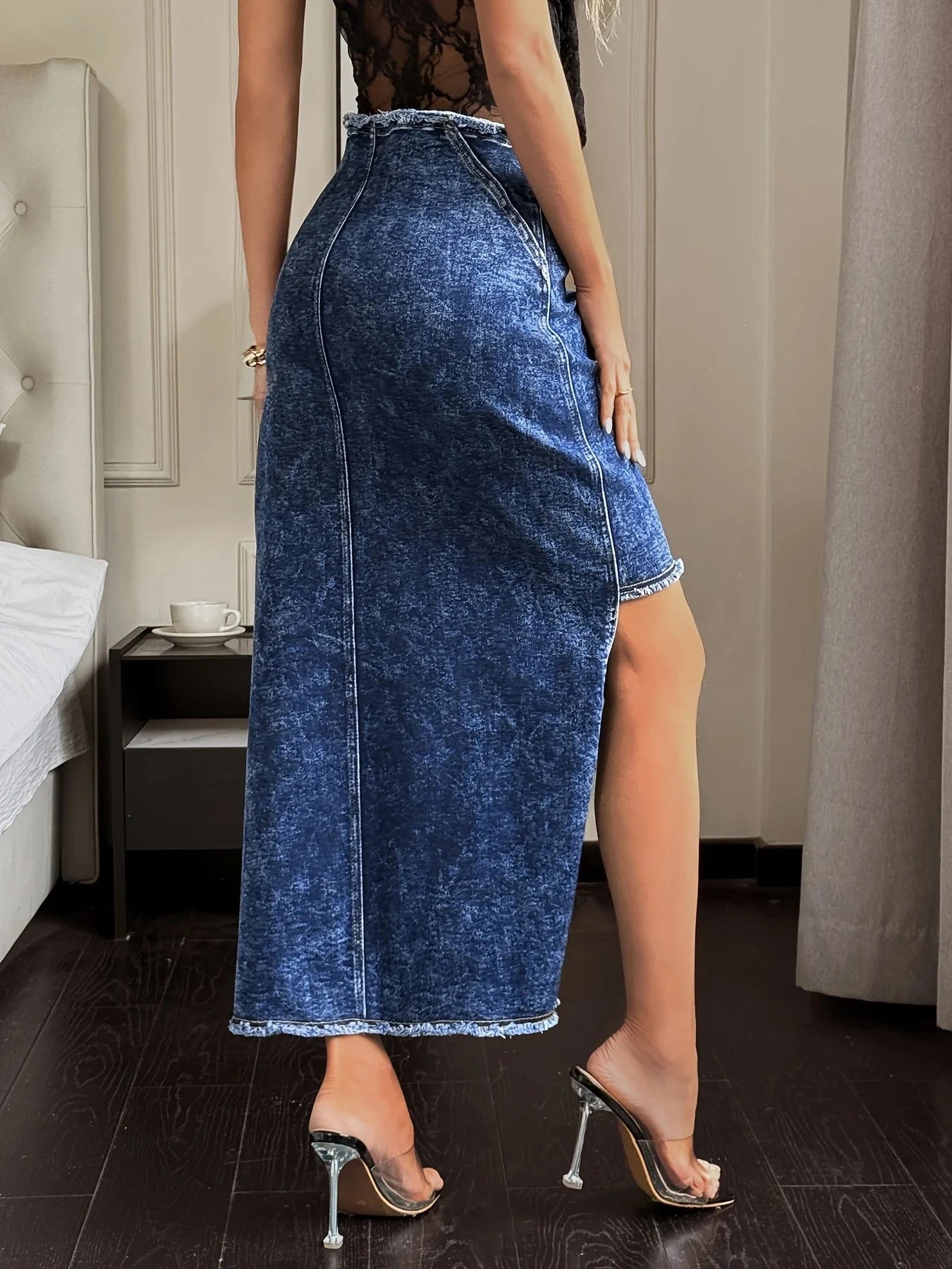 Women's High Waist Dark Blue Denim Skirt Front Split Hem Maxi Jean Skirt Vintage Wash Streetwear Fashion Clothing GlowCart