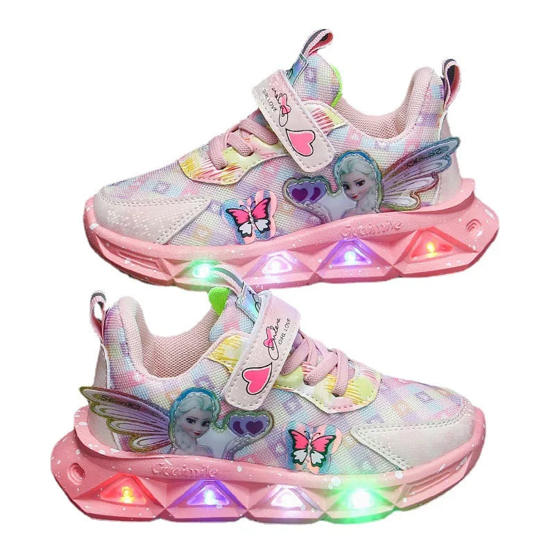 Disney Children's Sports Shoes Led Lights Sneaker Cartoon Frozen Princess  Elsa PU Leather Girls' Pink Children's Running Shoes GlowCart