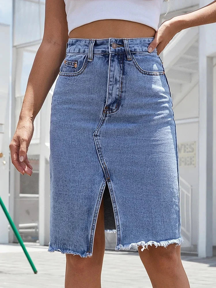 Zipper Fly Raw Hem Split Denim Skirt Women Spring and Summer High Waist Jeans Skirt Female Casual Bodycon Midi Skirts GlowCart