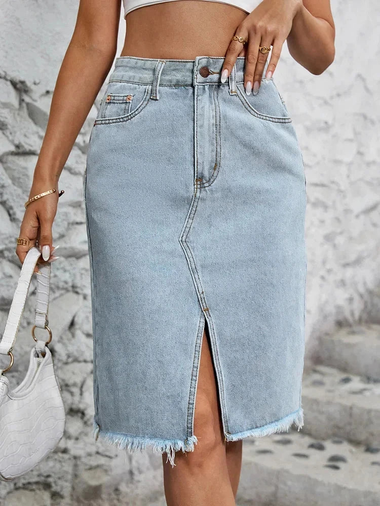Zipper Fly Raw Hem Split Denim Skirt Women Spring and Summer High Waist Jeans Skirt Female Casual Bodycon Midi Skirts GlowCart