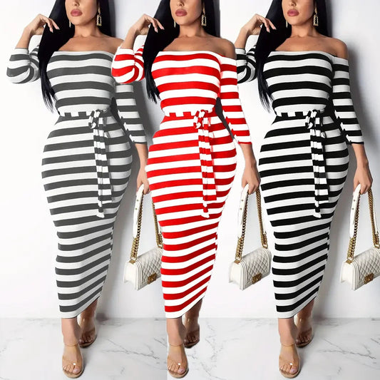 New 2024 Casual Women Dress Summer Striped Bodycon Midi Dresses Slash Neck Lace Up Three Quarter Pencil Dresses GlowCart