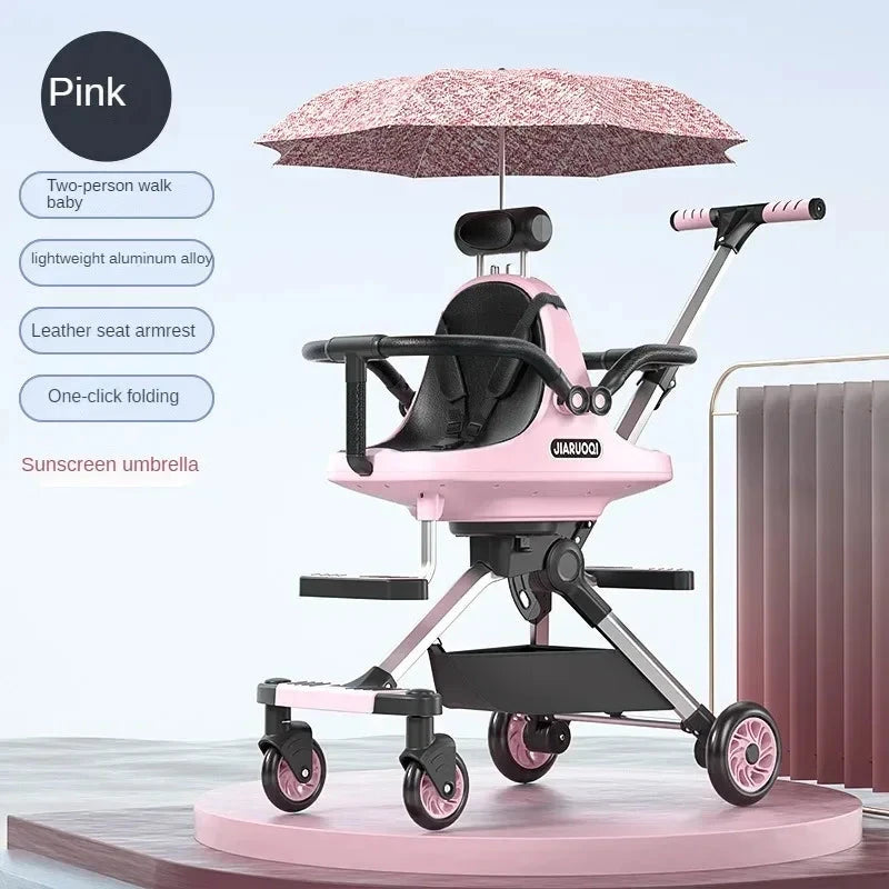 Double Baby Stroller Trolley Car Portable Folding Stroller Two Kids Child Trolley Pushchair Baby Light Stroller with Parasol GlowCart