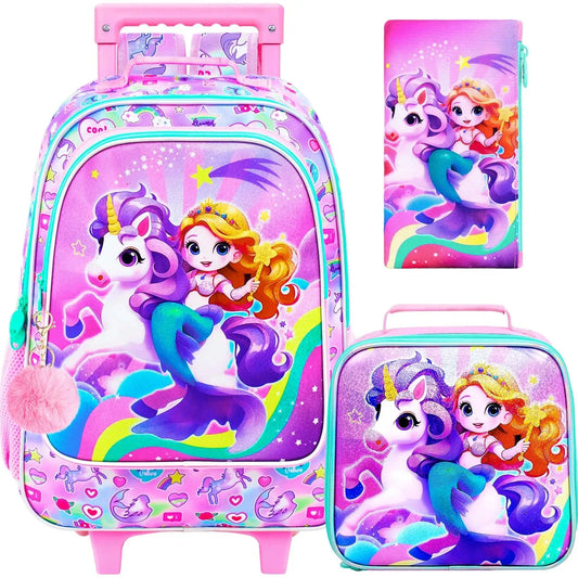 4PCS Rolling Bookbag for Girls, Cute Kids Mermaid Wheeled Backpack，Unicorn Roller School Bag with Wheels for Elementary Preschoo GlowCart
