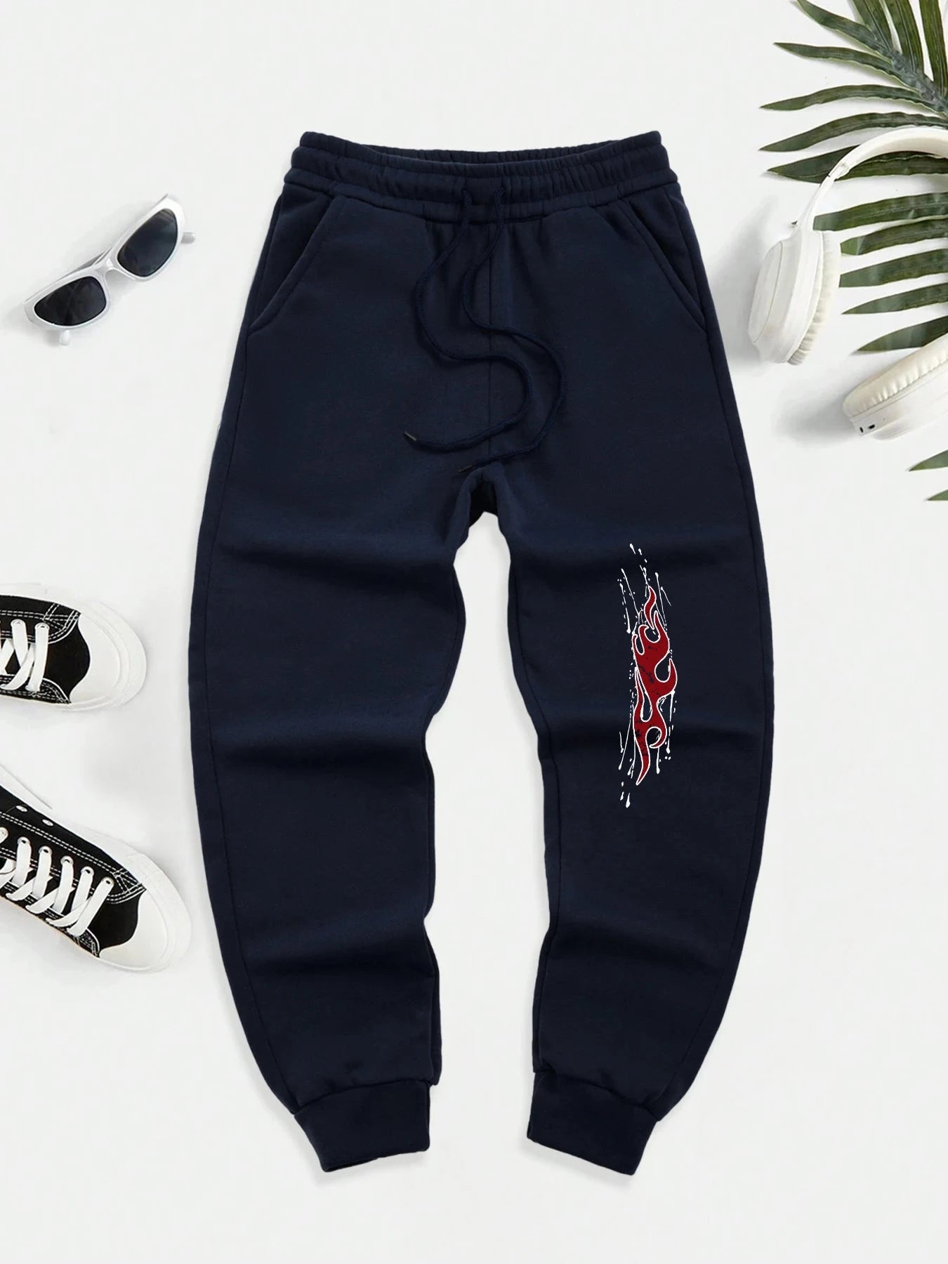 Dark Red Flame Print Men New Drawstring Jogging Pant Autumn GlowCart