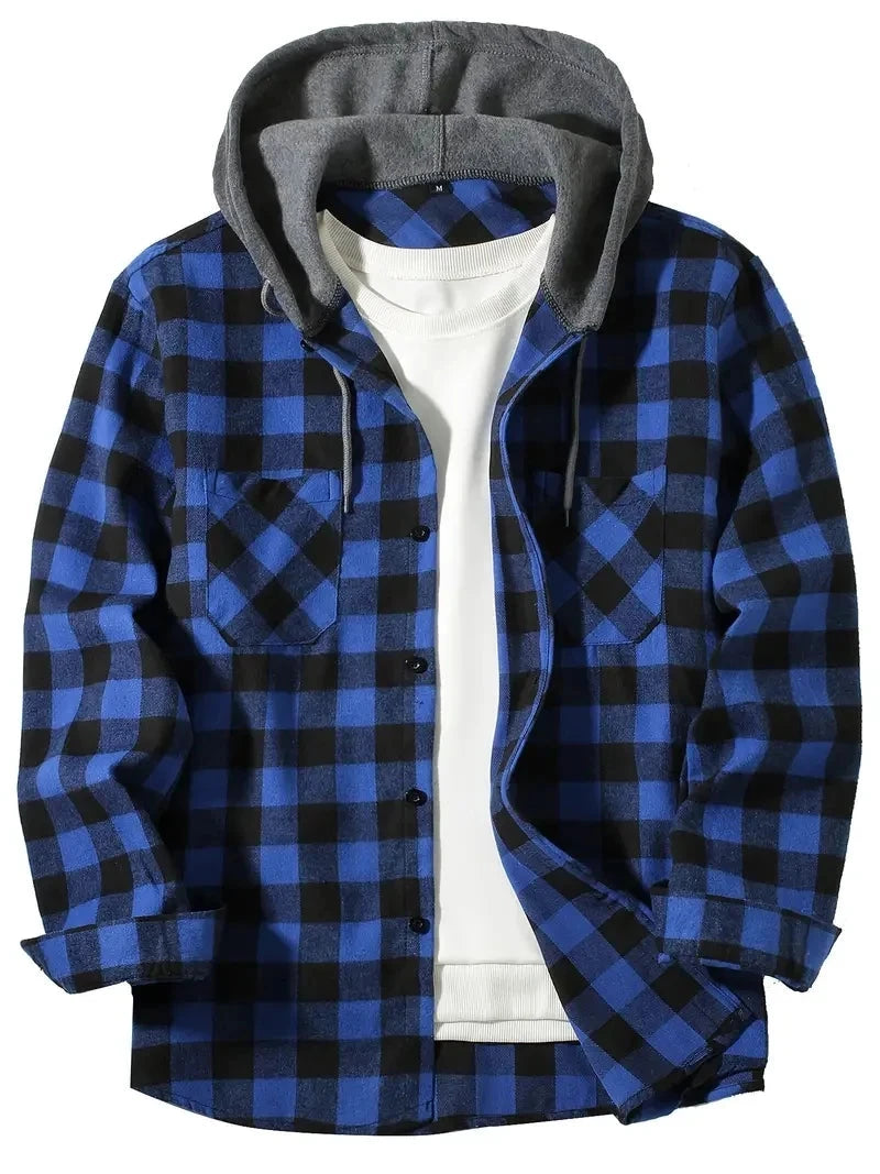 Youth Fashion Street Hooded Plaid Shirt Men's Slim Fit Long GlowCart