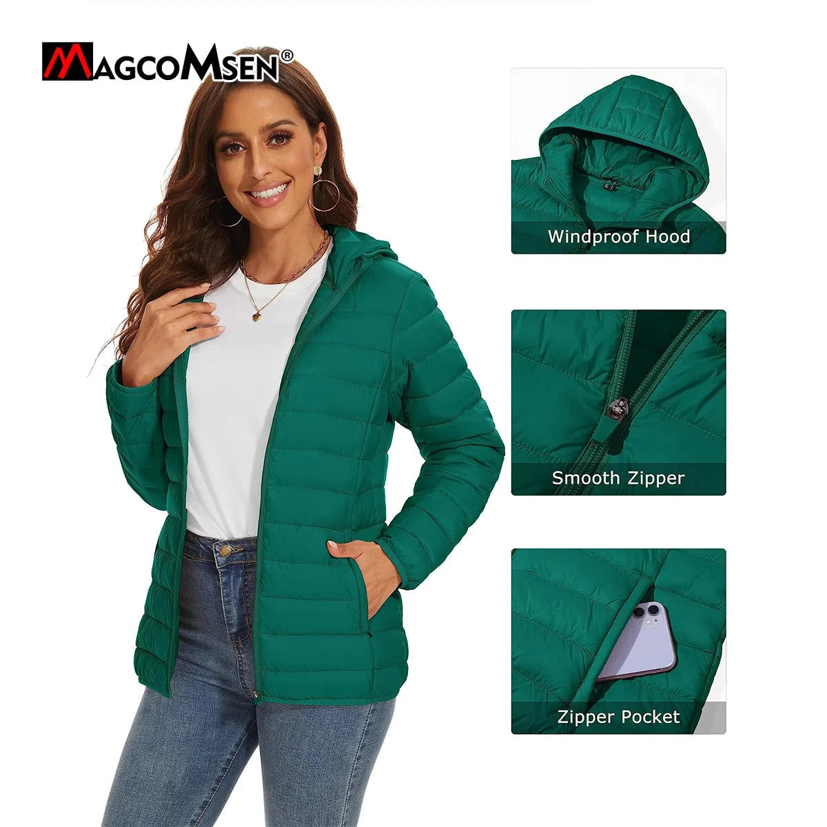 MAGCOMSEN Women‘s Lightweight Hooded Puffer Jacket Full Zip GlowCart