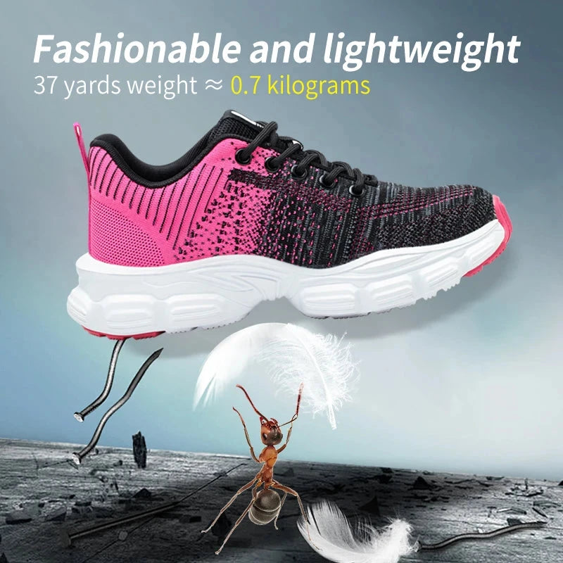 Women's Steel Head Safety Shoes Smash Proof Stab Penetration Air Lightweight Pure Black Simple Sneakers Women's Work Shoes GlowCart