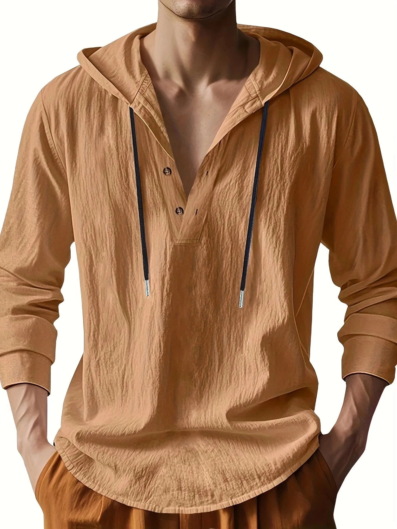Men's Lightweight Linen Hooded Henley Shirt Casual Long GlowCart