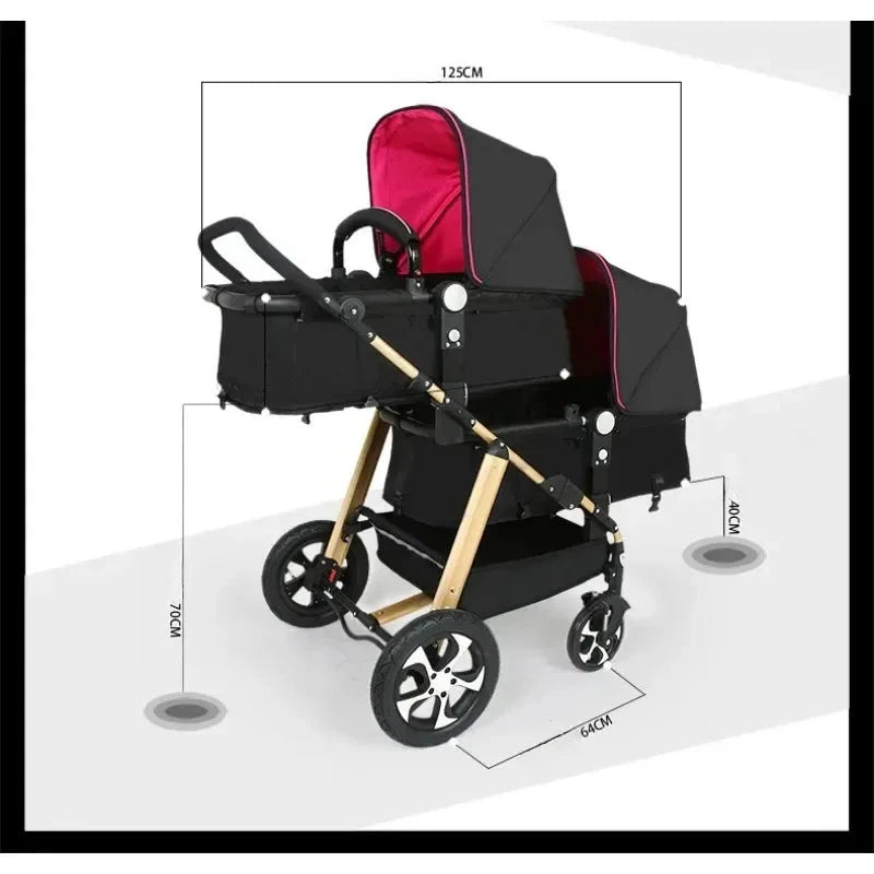 New Twins Baby Stroller Foldable Double Baby Stroller for Two Children Shock-absorbing Twin Baby Stroller Four Wheel Cart GlowCart