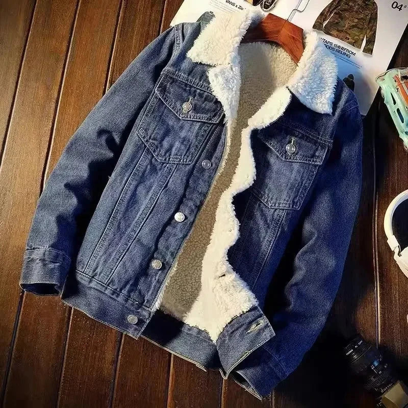 2022 Winter Fleece-lined Thickened Denim Jacket Men's Korean GlowCart