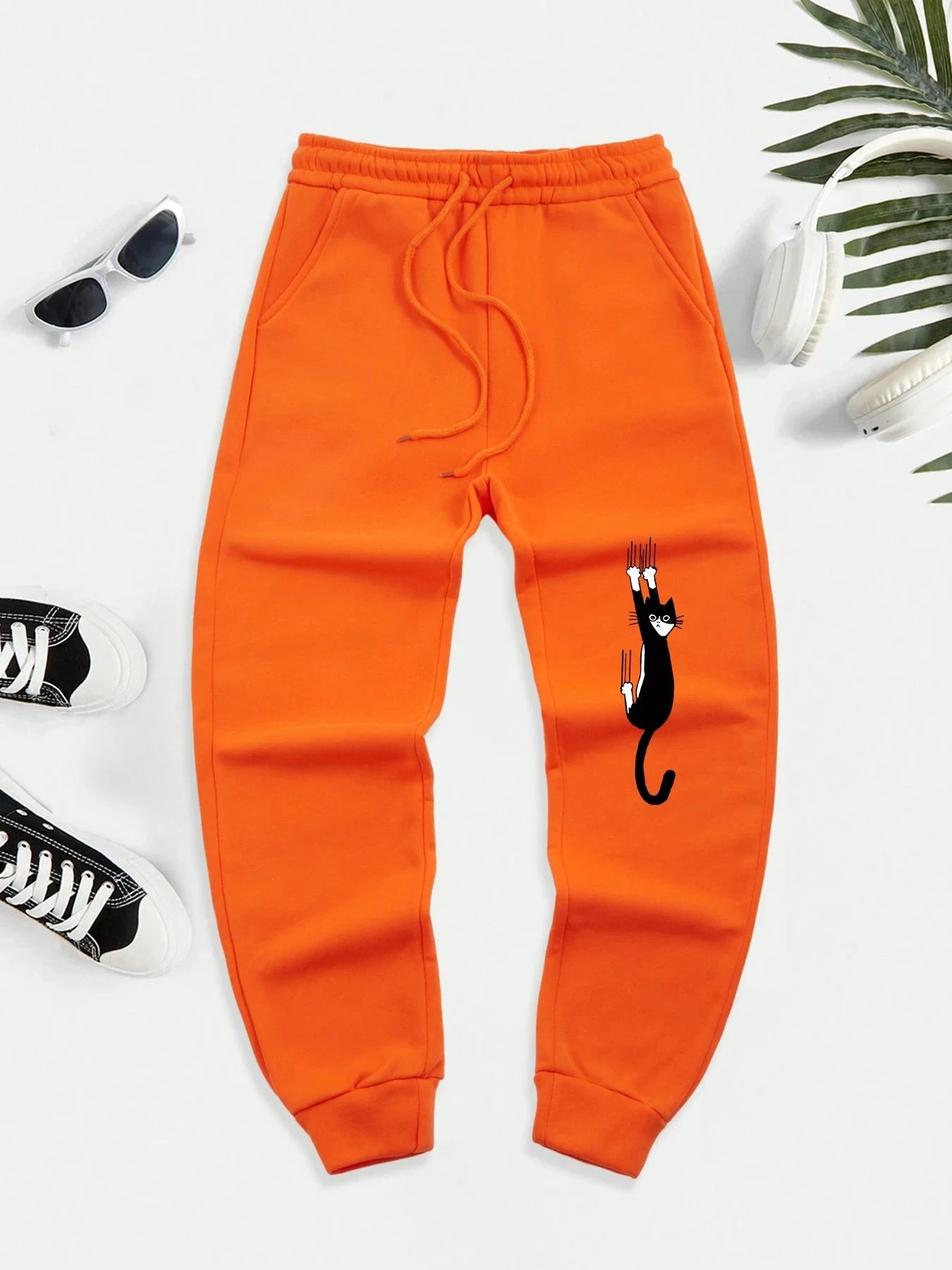 Black Cat Scratch Printed Men Autumn Warm Sweatpant Casual GlowCart