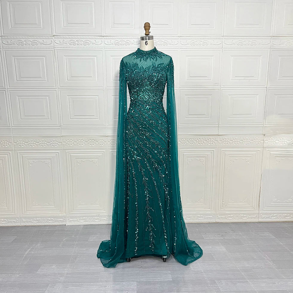 Luxury Saudi Arabia Mermaid Beaded Cape Sleeves High-Neck