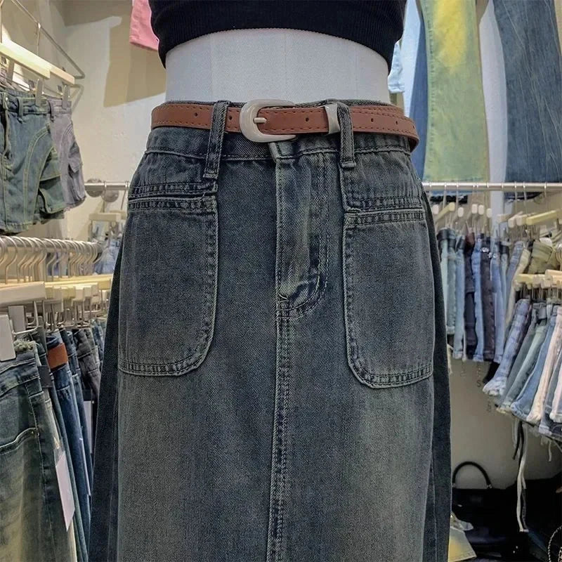 2023 Autumn New Women's High-Waisted Long Denim Skirt With Double Pocket Side Slit Slimming Draped Straight-Leg Loose Fit GlowCart