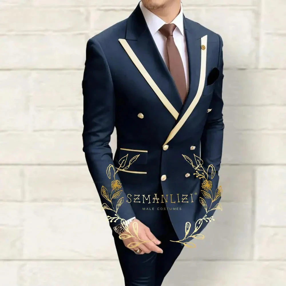 Double Breasted Men's Suits Navy Blue Peaked Lapel Slim Fit GlowCart