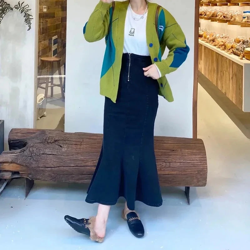 Rimocy High Waist Mermaid Denim Skirt Women Summer Trumpet Split Long Skirts Woman Korean Style Hip-Wrap Flare Middle Skirt GlowCart