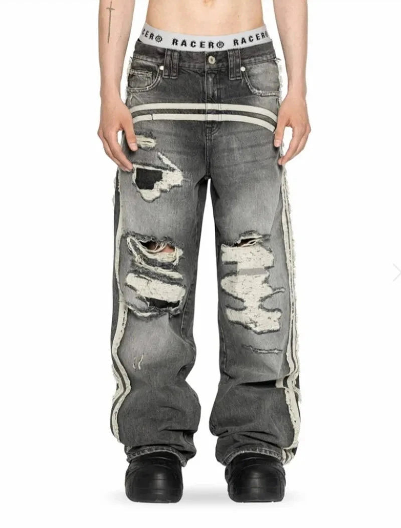 Streetwear American New Hole Washed Yellow Baggy Jeans Male GlowCart