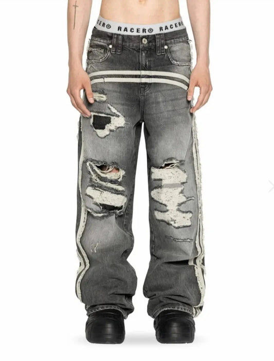 Streetwear American New Hole Washed Yellow Baggy Jeans Male GlowCart