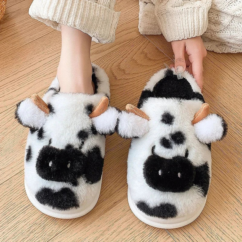 Women's Winter Warm Cartoon Cow Slippers Closed Toe Non Slip GlowCart