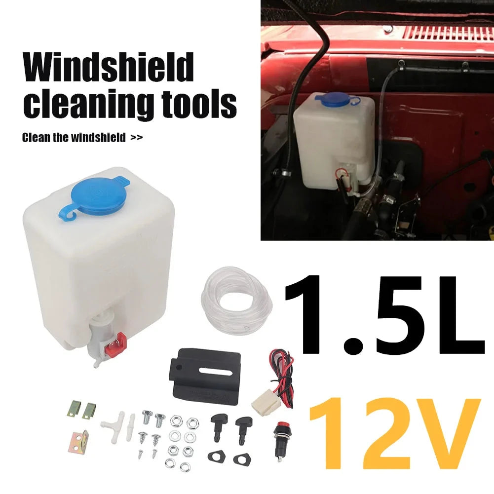 1.5L 12V Universal Windscreen Washer Bottle Tank Pump Wiper System Reservoir Kit Fluid Nozzle Sprayer Car Windshield Clean Tools GlowCart