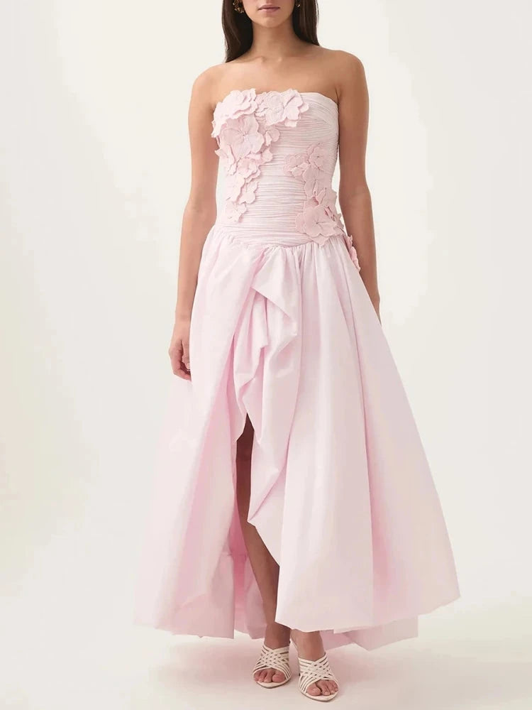 Sexy Strapless Printed Split Deign Long Bubble Dress Women GlowCart