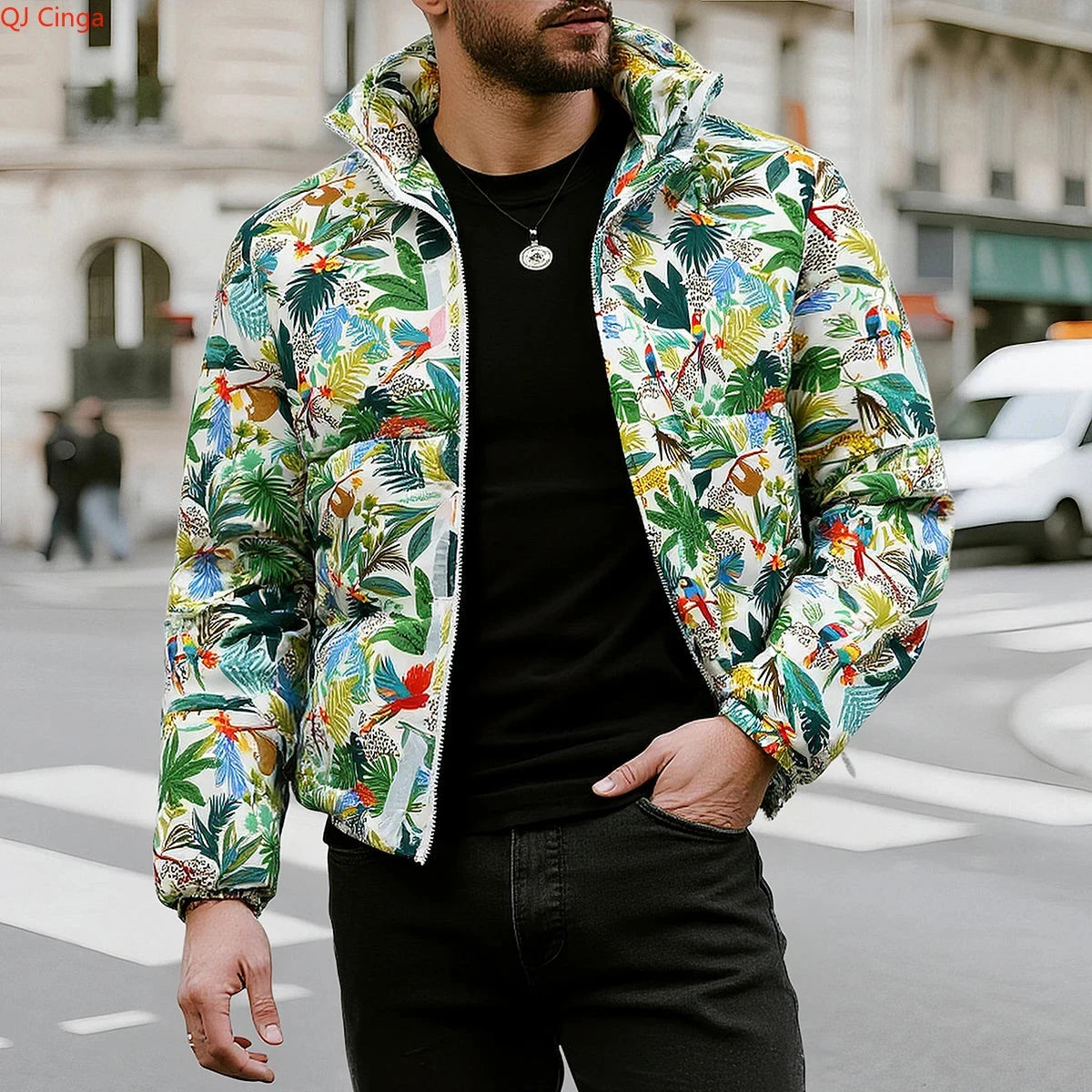 Winter Arrival Men's Beige Long-Sleeve Printed Thick Jacket, GlowCart