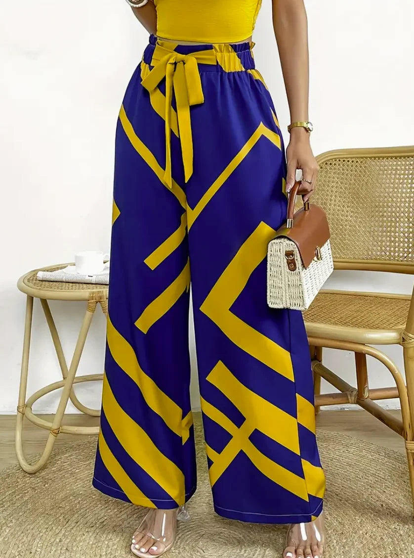 Geometric Pattern Print Wide Leg Pants Casual Loose Bow
