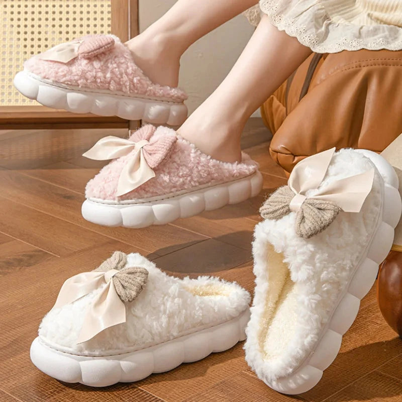 Winter Warm Fur Slippers for Women Cute bow House Non Slip GlowCart
