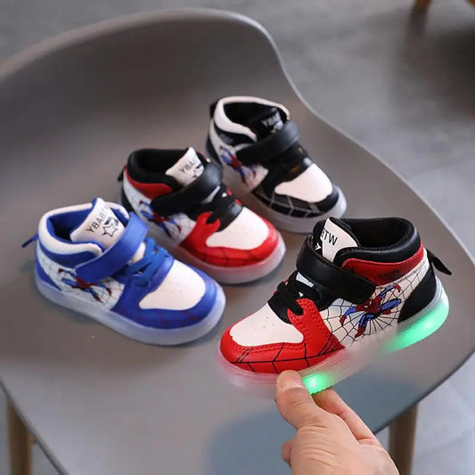 Disney Children's Sneakers Boys Girls Spiderman Led Light Sport Shoes Student Shoes Hook Anti-slip Kids Outdoor Basket Shoes GlowCart