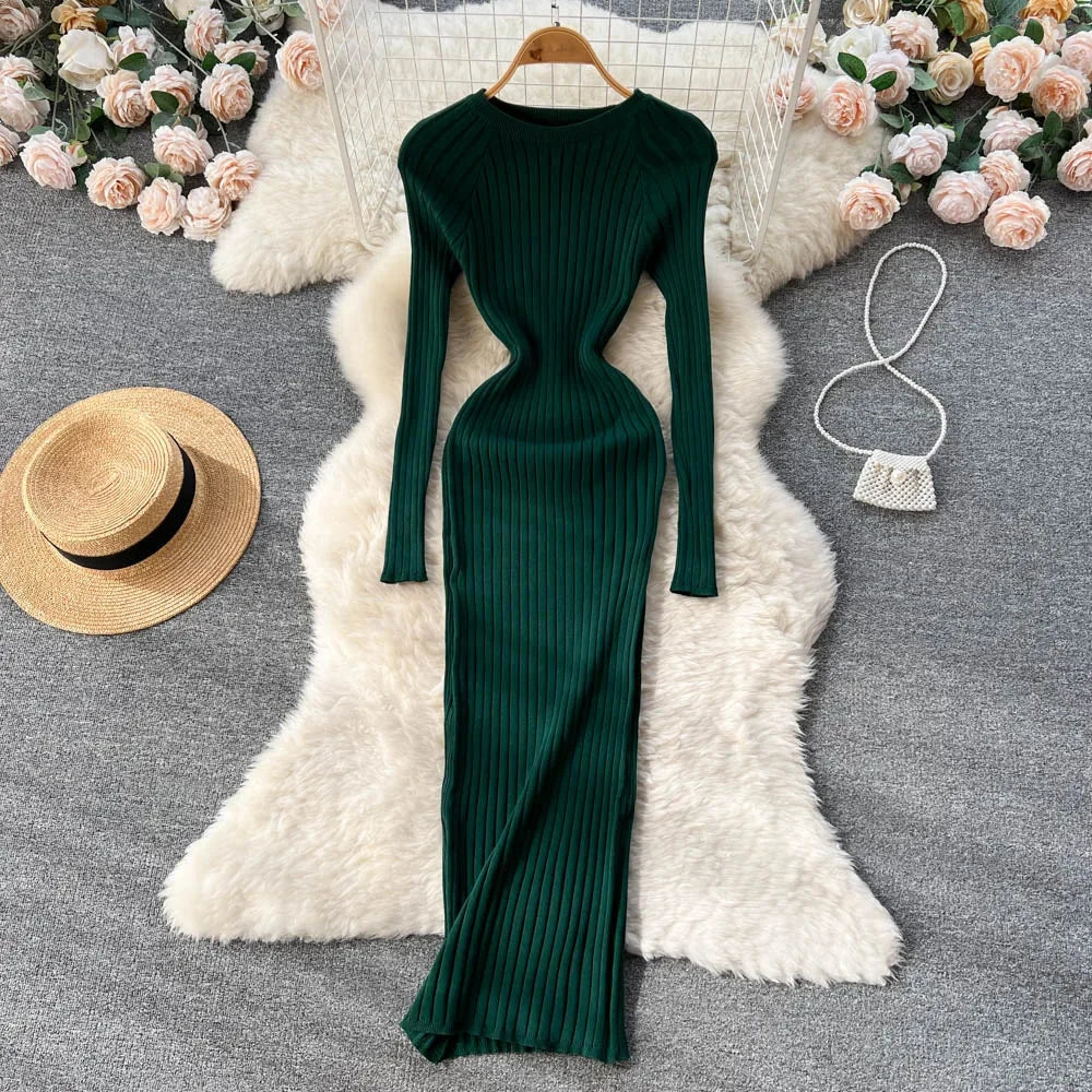 SINGREINY Winter Women Knit Maxi Dress O Neck Autumn Long GlowCart