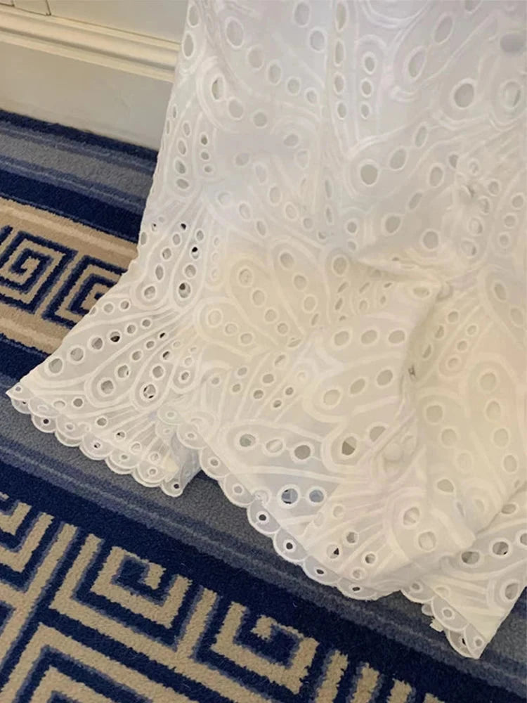 Korean Chic White Midi Dress Women French Hollow Out Sexy GlowCart