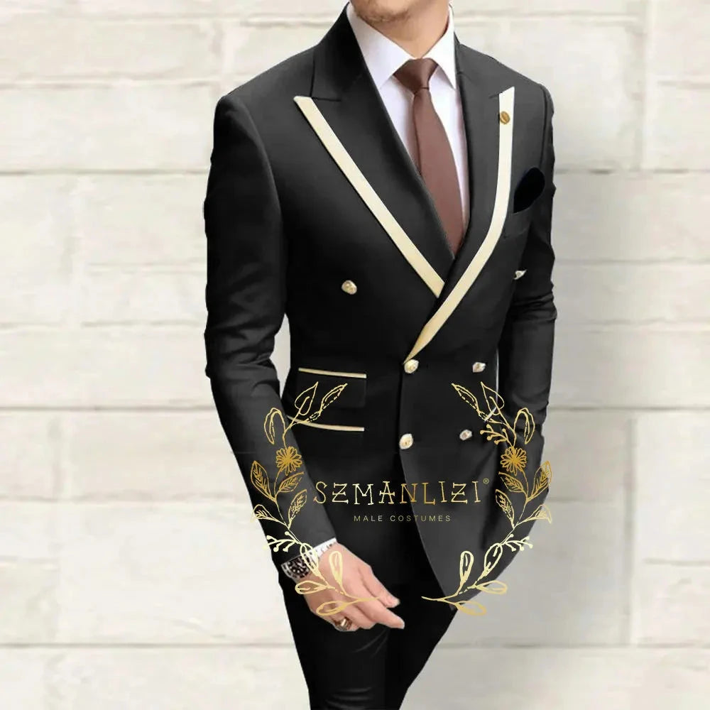 Double Breasted Men's Suits Navy Blue Peaked Lapel Slim Fit GlowCart
