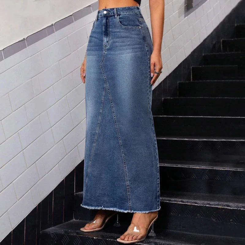 Skirts Women Denim Long Skirt Hip Wrap High Waist Stretch Pockets Washed Female Summer Streetwear Vintage A Line Distressed 2025 GlowCart
