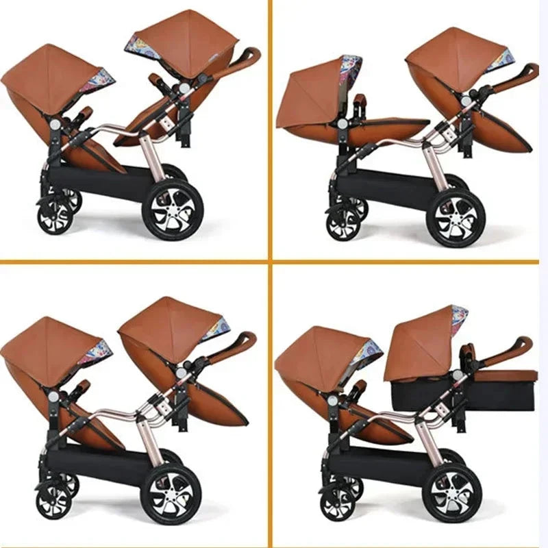 NEW luxury Twins baby stroller 3in1 high landscape new PU leather double stroller baby carriage twin strollers for 2 kids GlowCart