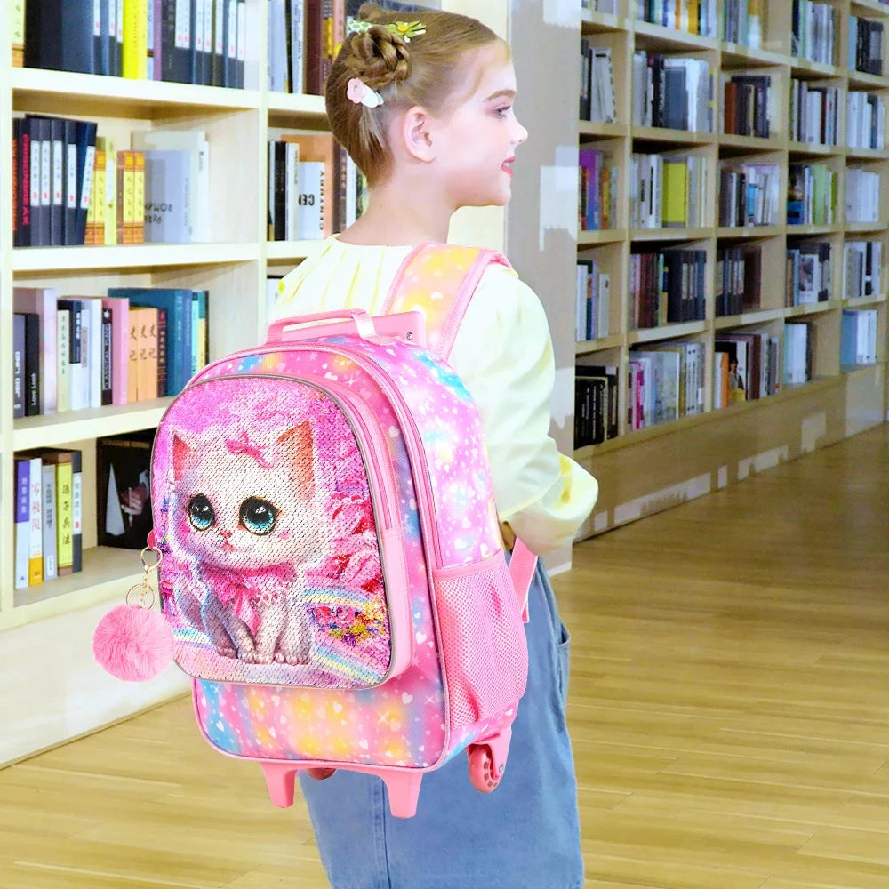 4PCS Rolling Backpack for Girls, Kids Cat Roller Wheels School Bookbag with Lunch Bag, Wheeled School Bag for Toddler Elementary GlowCart