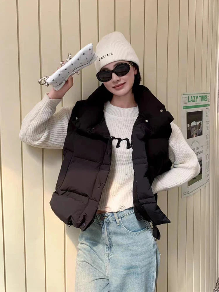 Autumn Winter Solid Stand Collar Puff Down Vest Women White GlowCart