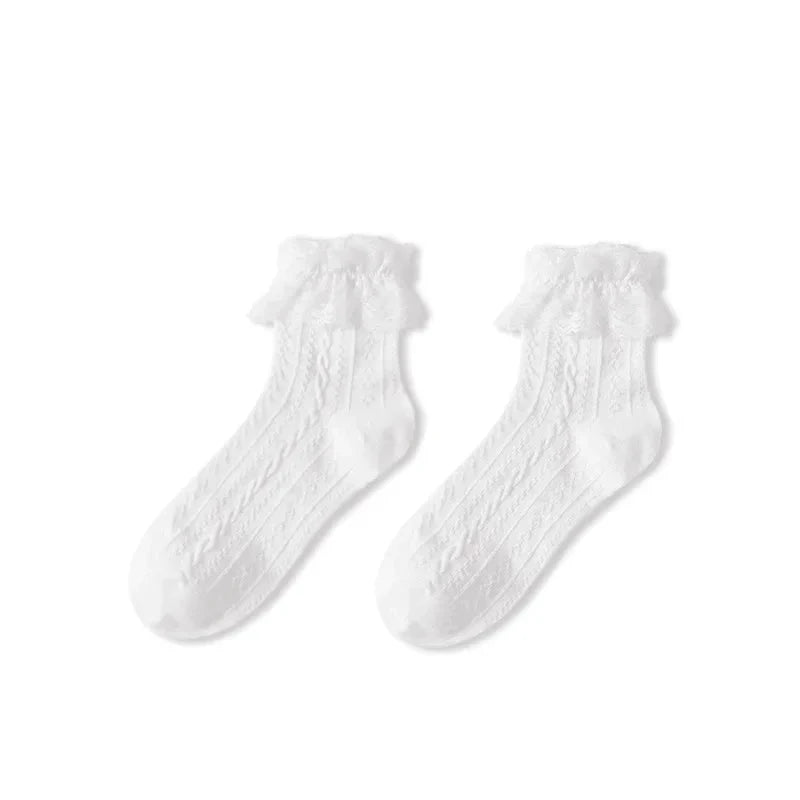 Woman Socks Solid Black White Lolita Lacework Ruffle Socks GlowCart