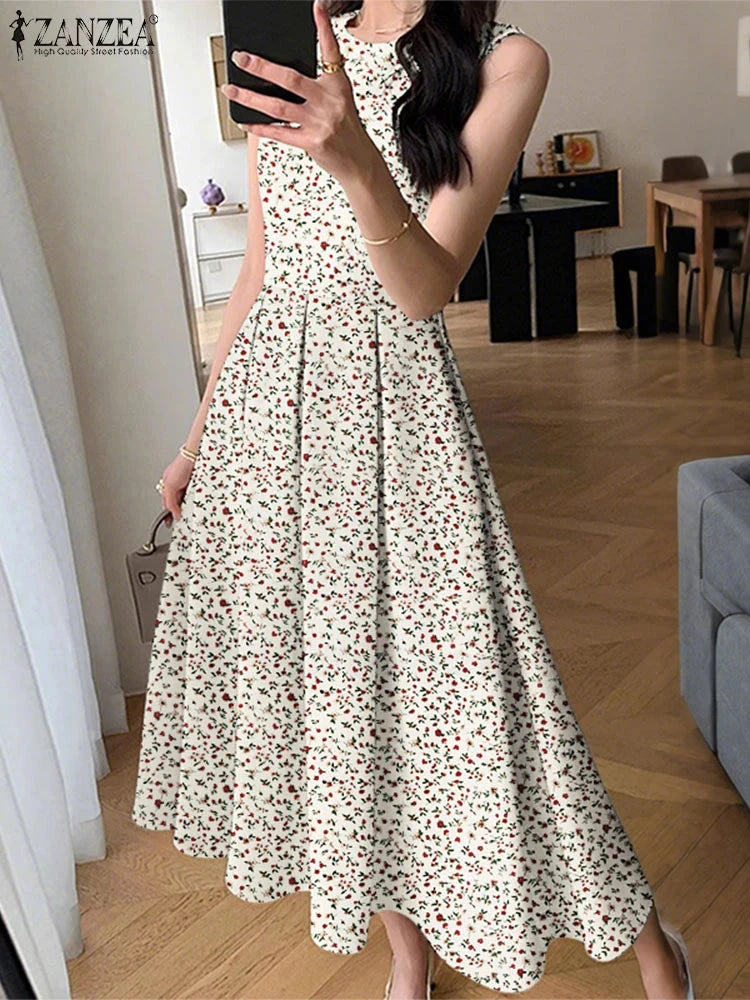 ZANZEA Women Sleeveless Pleated Dress 2025 Summer Korean GlowCart