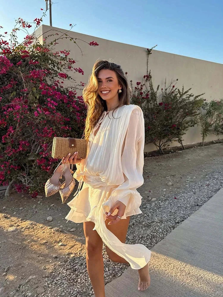 Vintage Puff Sleeve Ruffles Mini Dress Women Elegant Chic GlowCart