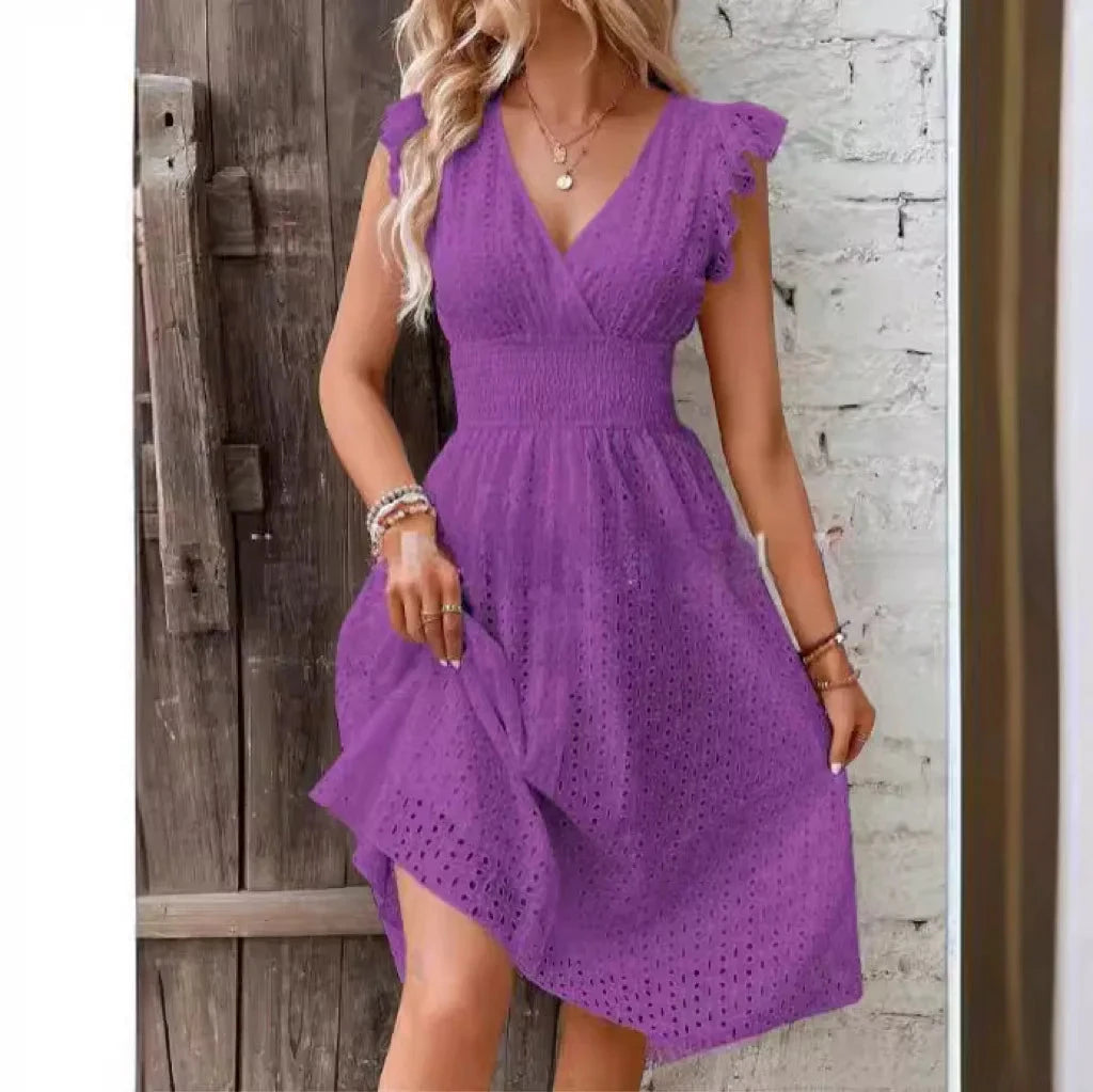 Summer Women V-Neck Beach Dress Flare Sleeve Solid Color GlowCart