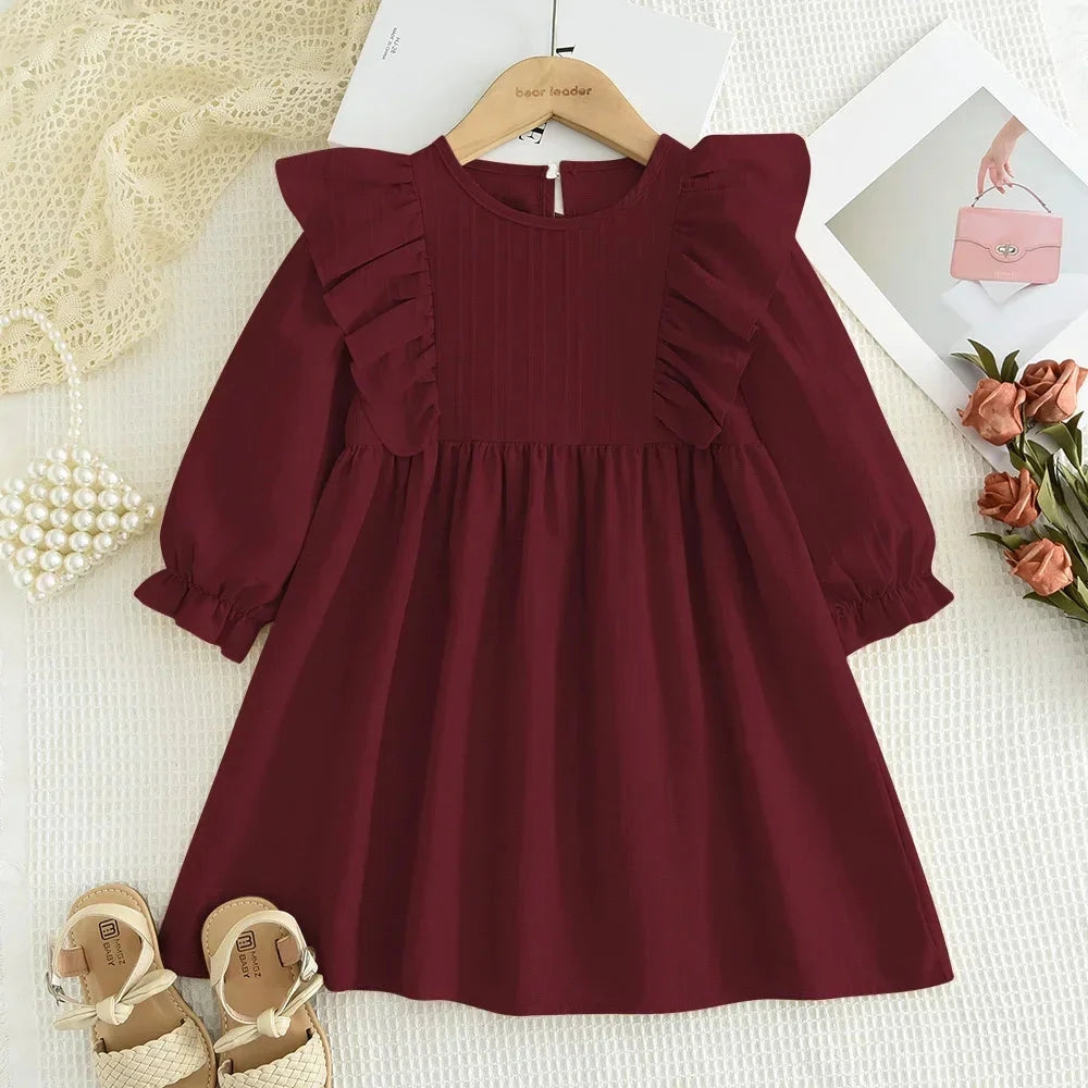 Plain Casual Girls Dress Autumn Long Sleeved Pleated Kids Dresses for Girls Pink Clothes Fashionable New Children's Clothing GlowCart