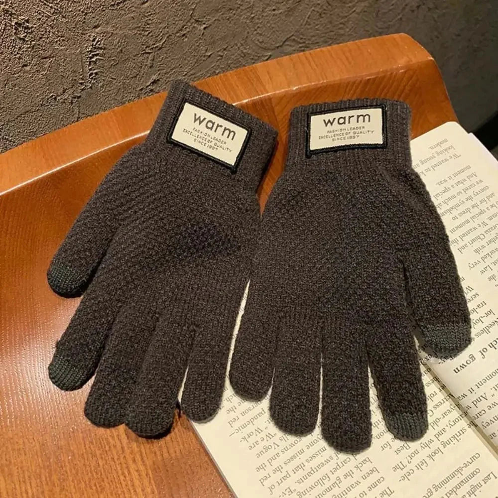 New Men Winter Warm Knitted Gloves Windproof Solid Color Touch Screen Gloves Thickened Plush Cycling Gloves GlowCart