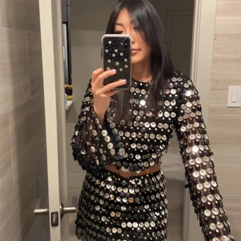 Sexy Shiny Sequins Short Dresses Female Glitter Flaer Sleeve Slim Hollow Out Mini Dress Sparkling Club Party Outfits High Street GlowCart