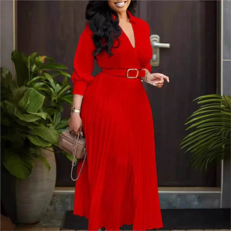 Autumn Women Pleated V Neck Long Sleeve Belt Midi Dress Elegant Long Sleeve Belt Red White Evening Party Dresses Robe Sexy Femne GlowCart