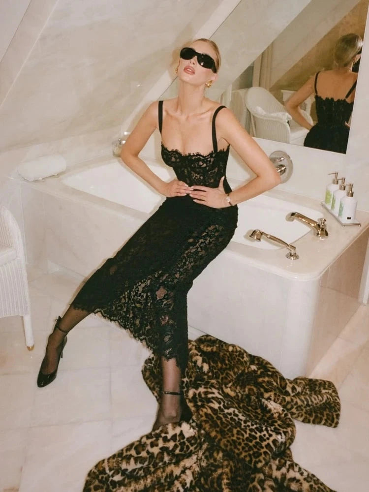 Sexy Spaghetti Strap V Neck Lace Long Dress Women Black GlowCart