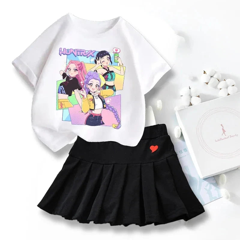 New K Pop Demon Hunters T-shirts Skirt Set Kawaii Cartoon Graphic T-shirt Kids Casual Short Sleeves Tops Summer Girl Clothes GlowCart