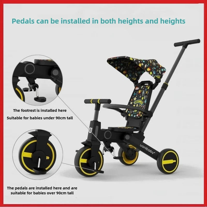 Children's Push Tricycle Baby Pedal Tricycle with Canopy Rideable and Swivel Foldable Baby Stroller GlowCart
