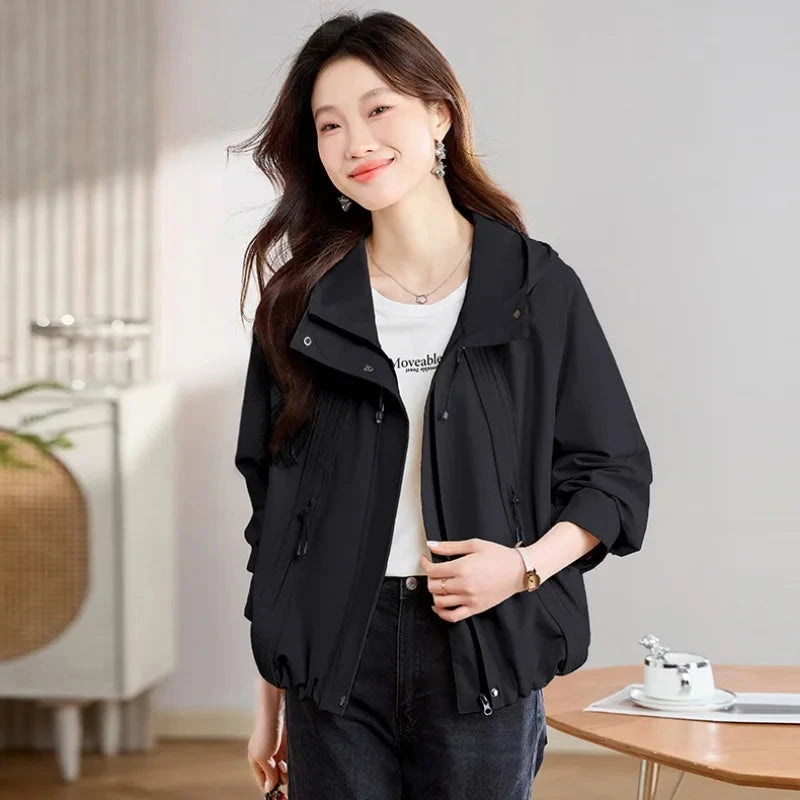 Casual Hooded Women's Windbreaker Jacket Zipper Up Short GlowCart