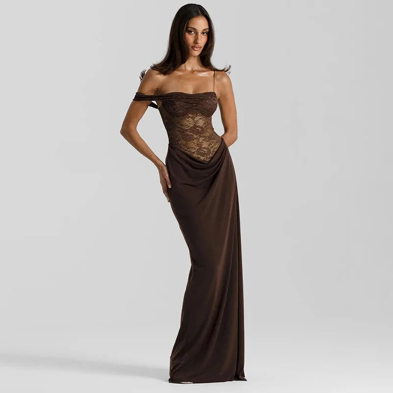 Mozision One Shoulder Lace See Through Sexy Maxi Dress Women GlowCart