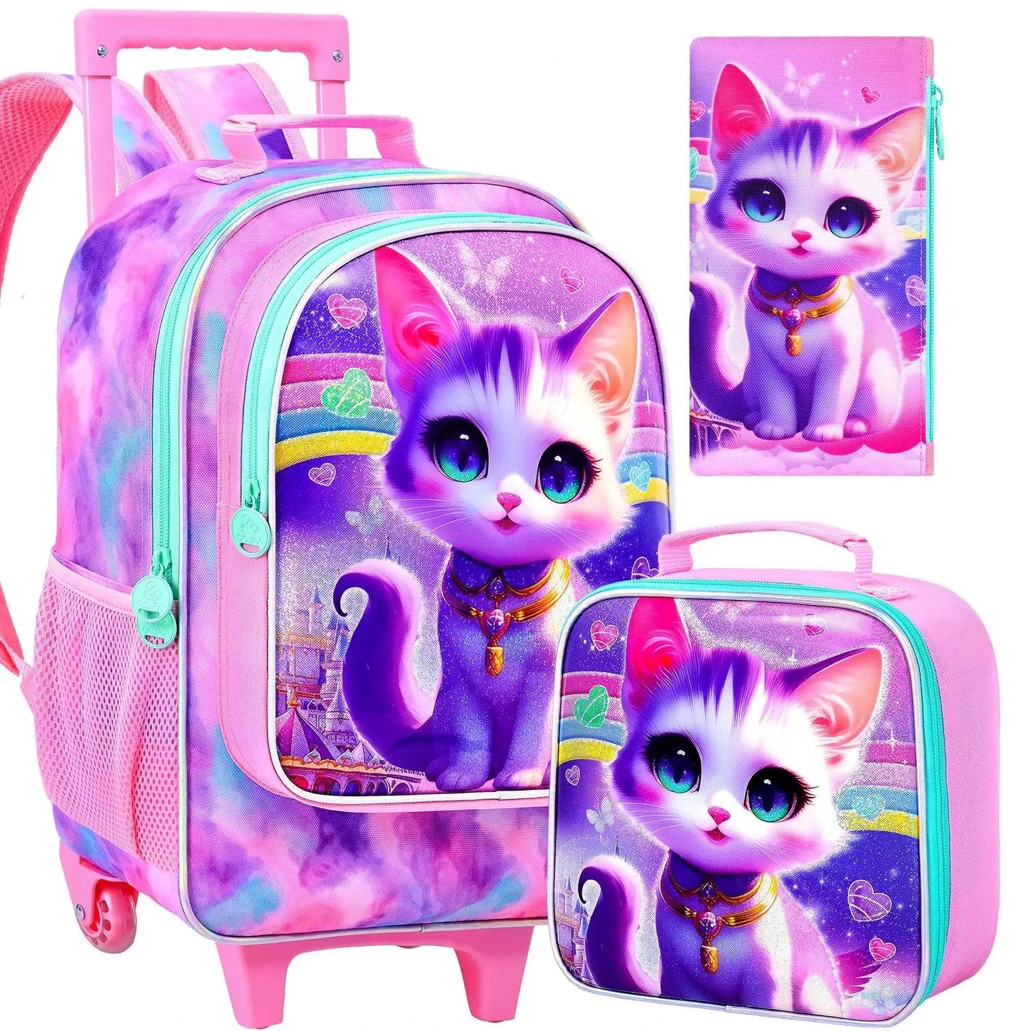 4PCS Rolling Backpack for Girls, Kids Cat Roller Wheels School Bookbag with Lunch Bag, Wheeled School Bag for Toddler Elementary GlowCart