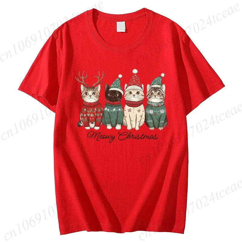 Meowy Christmas Cat Print Women Fashion T Shirt Girl O Neck GlowCart